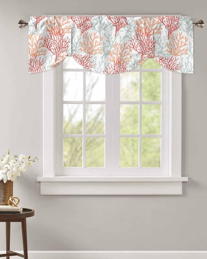 RisQiten Red Orange Gray Coral Coastal Tie Up Valance Curtains for Windows, Summer Beach Kitchen Curtains Window Treatments, Sea Nautical Short Window Shades Valances for Bedroom Bathroom Cafe 54"x18" - Image 2